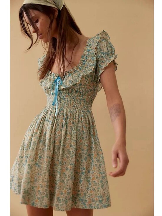 Free People Dresses & Skirts - Free People Tasha Mini Dress Floral Printed Smocked Ruffle Puff Sleeve Small